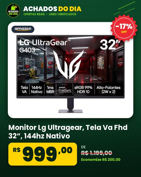 Monitor Lg Ultragear, Tela Va Fhd 32”, 144hz Nativo, 1ms (mbr), Amd Freesync, Hdr10, Srgb 99%, Preto, 32g403b