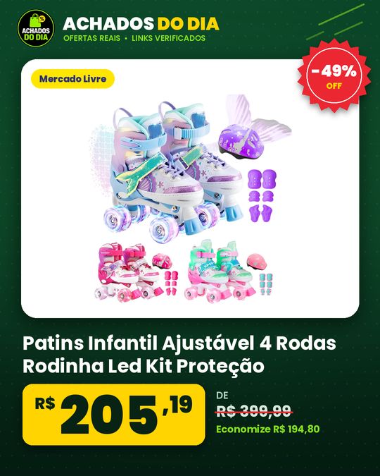 Patins Infantil Ajustável 4 Rodas Rodinha Led Kit Proteção