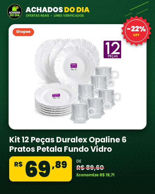 Kit 12 Peças Duralex Opaline 6 Pratos Petala Fundo Vidro Branco e 6 Xícaras Robust Canelada Buffet