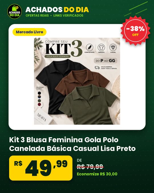 Kit 3 Blusa Feminina Gola Polo Canelada Básica Casual Lisa Preto, Marrom E Verde Liso Pm (3642)