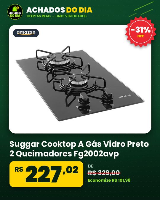 Suggar Cooktop A Gás Vidro Preto 2 Queimadores Fg2002avp