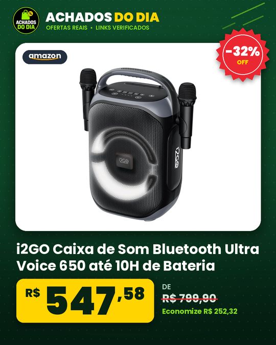 i2GO, Caixa de Som Bluetooth Ultra Voice 650 até 10H de Bateria, Função Karaokê e 2 Microfones