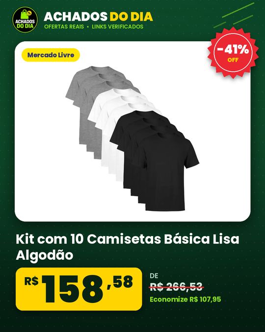Kit com 10 Camisetas Básica Lisa Algodão