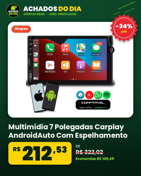 Multimídia 7 Polegadas Carplay AndroidAuto Com Espelhamento de Celular Bluetooth Apps