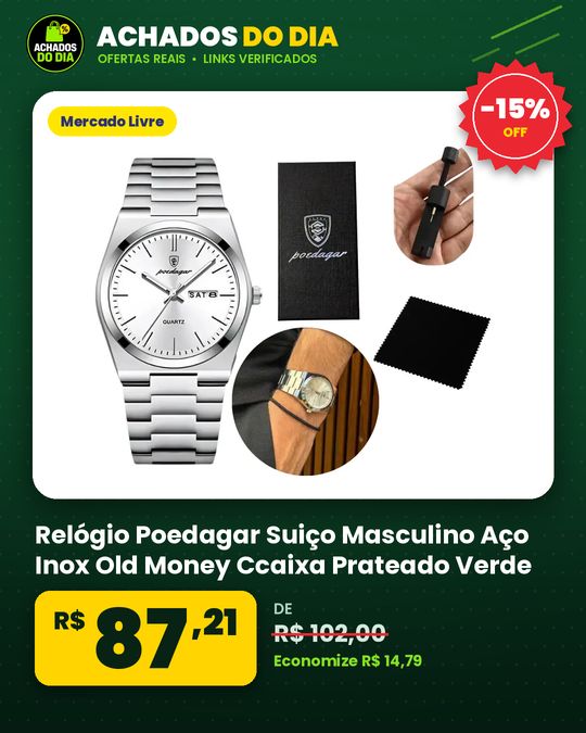 Relógio Poedagar Suiço Masculino Aço Inox Old Money Ccaixa Prateado Verde