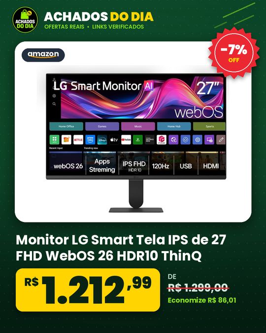 Monitor LG Smart Tela IPS de 27 FHD WebOS 26 HDR10 ThinQ Wi-fi AirPlay Bluetooth 5ms (GtG) 120Hz 2X USB 2