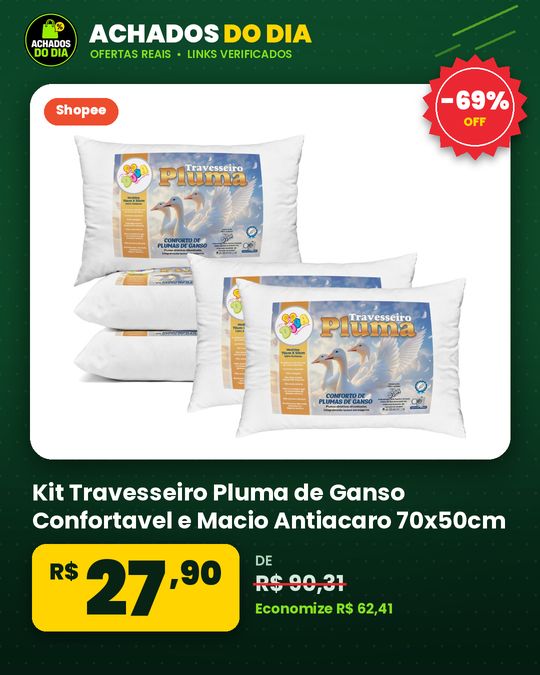 Kit Travesseiro Pluma de Ganso Confortavel e Macio Antiacaro 70x50cm