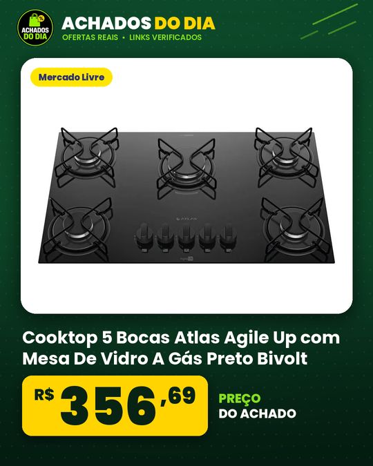 Cooktop 5 Bocas Atlas Agile Up com Mesa De Vidro A Gás Preto Bivolt