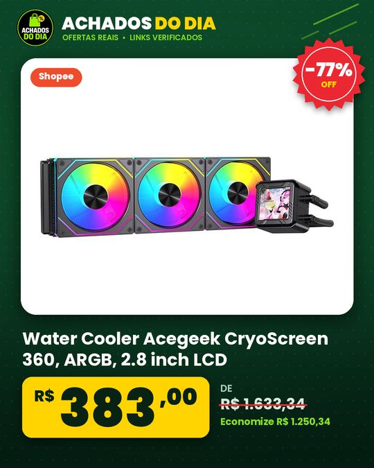 Water Cooler Acegeek CryoScreen 360, ARGB, 2.8 inch LCD, 360mm, Preto, AG-CRYOSCREEN360-BK