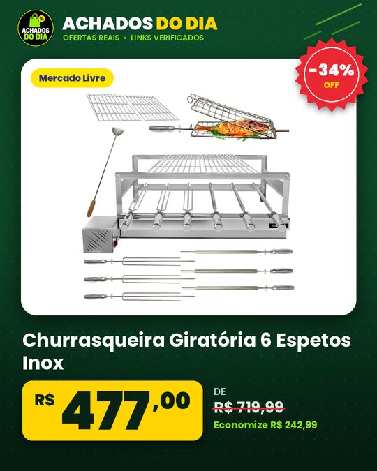 Churrasqueira Giratória 6 Espetos Inox