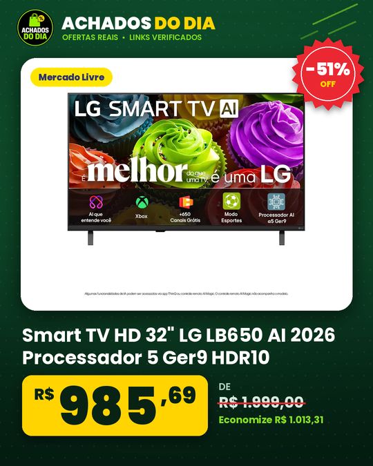 Smart TV HD 32" LG LB650 AI 2026 Processador 5 Ger9 HDR10 Xbox Bluetooth Wi-Fi AI Search Google Gemini Canais Grátis