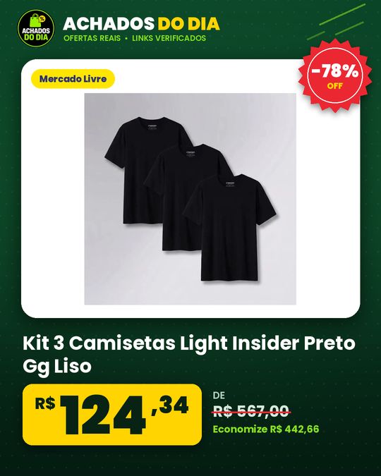 Kit 3 Camisetas Light Insider Preto Gg Liso