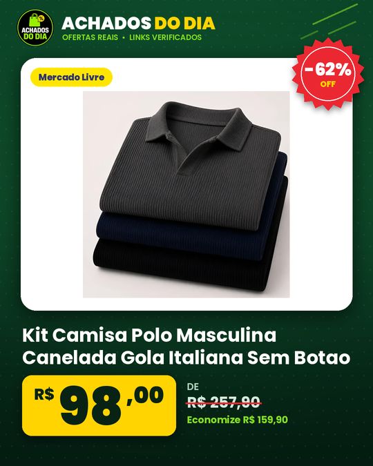Kit Camisa Polo Masculina Canelada Gola Italiana Sem Botao Chumbo Azul Preto M