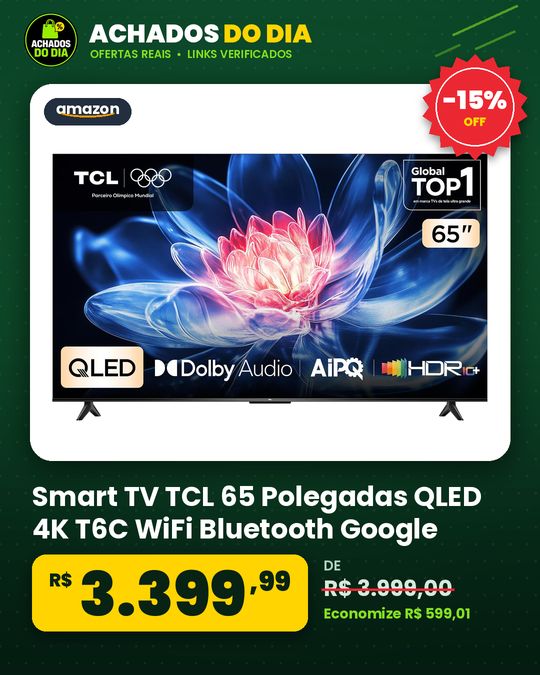 Smart TV TCL 65 Polegadas QLED 4K T6C WiFi Bluetooth Google TV Tela HVA e HDR10+ 65T6C