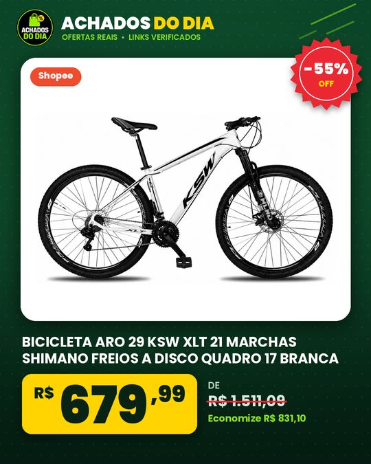 BICICLETA ARO 29 KSW XLT 21 MARCHAS SHIMANO FREIOS A DISCO QUADRO 17 BRANCA