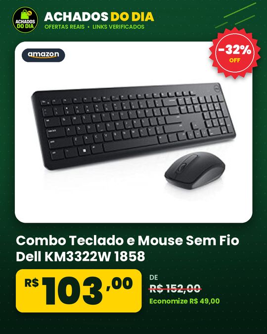 Combo Teclado e Mouse Sem Fio Dell KM3322W 1858, Receptor USB 2,4 GHz