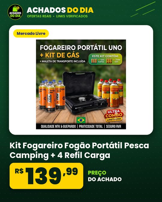 Kit Fogareiro Fogão Portátil Pesca Camping + 4 Refil Carga