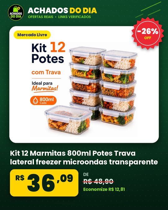 Kit 12 Marmitas 800ml Potes Trava lateral freezer microondas transparente