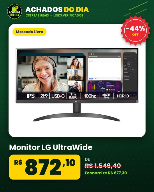 Monitor LG UltraWide - Tela IPS de 29" 21:9 HDR10 sRGB 99% 100Hz Preto- 29WQ500B