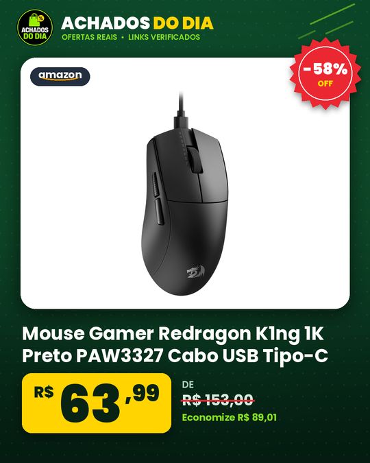 Mouse Gamer Redragon K1ng 1K Preto PAW3327 Cabo USB Tipo-C Removível 12400 DPI M724