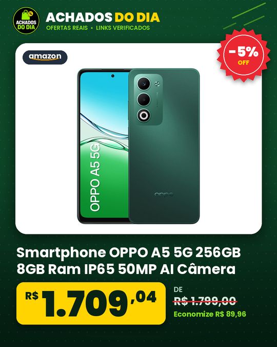 Smartphone OPPO A5 5G 256GB 8GB Ram IP65 50MP AI Câmera Bateria 6000mAh NFC Verde