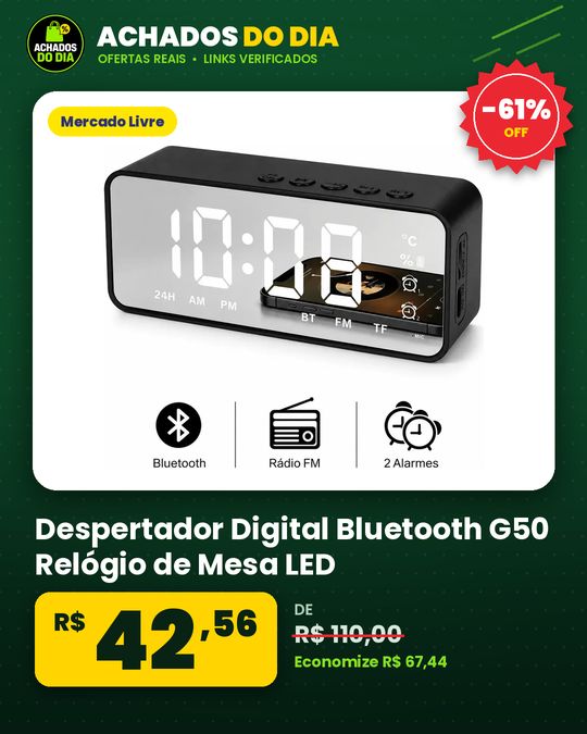 Despertador Digital Bluetooth G50 Relógio de Mesa LED Espelhado com Rádio FM Caixa de Som Duplo Alarme Sensor de Tempe