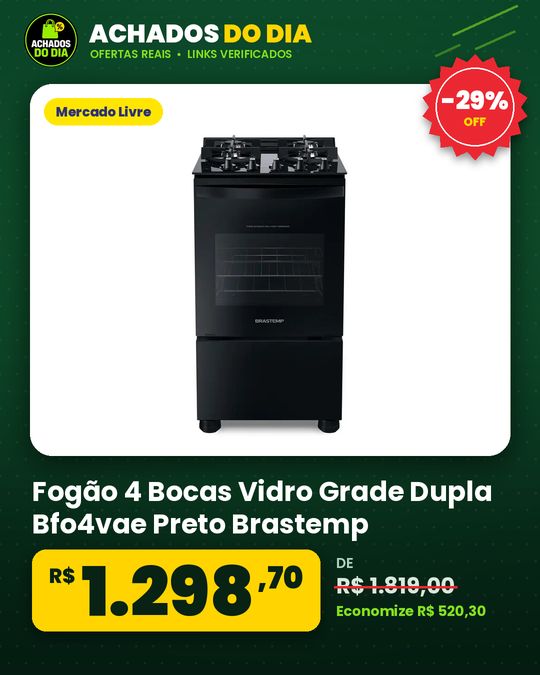 Fogão 4 Bocas Vidro Grade Dupla Bfo4vae Preto Brastemp