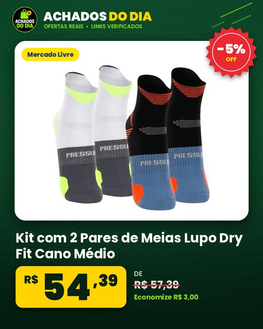 Kit com 2 Pares de Meias Lupo Dry Fit Cano Médio