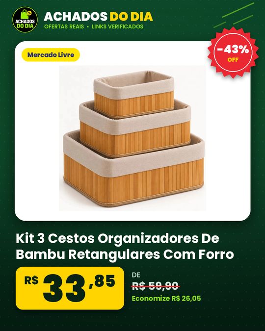 Kit 3 Cestos Organizadores De Bambu Retangulares Com Forro