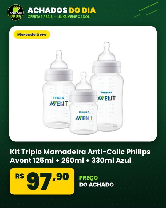 Kit Triplo Mamadeira Anti-Colic Philips Avent 125ml + 260ml + 330ml Azul