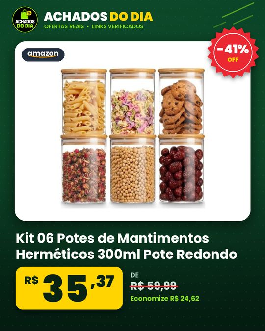Kit 06 Potes de Mantimentos Herméticos 300ml Pote Redondo Vidro Tampa De Bambu