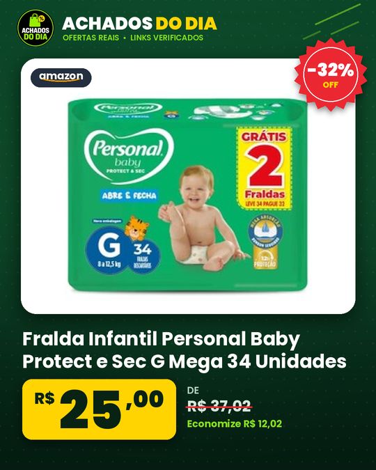 Fralda Infantil Personal Baby Protect e Sec G Mega 34 Unidades