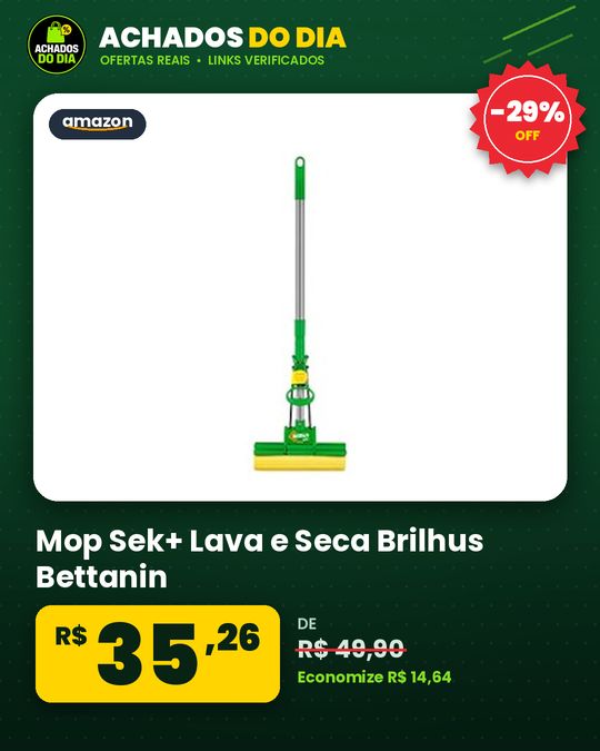 Mop Sek+ Lava e Seca Brilhus Bettanin, com Esponja de Alta Absorção, Cabo Retrátil de Inox até 89cm