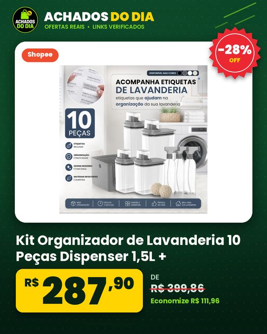 Kit Organizador de Lavanderia 10 Peças Dispenser 1,5L + 2,3L 3 Borrifadores 500ml Cesto 16L 2 Esferas Seca Roupa