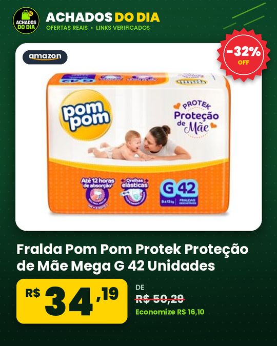 Fralda Pom Pom Protek Proteção de Mãe Mega G 42 Unidades