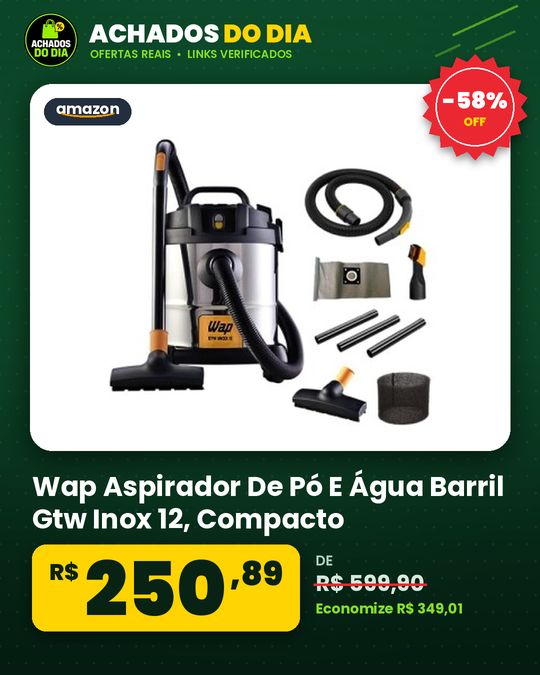 Wap Aspirador De Pó E Água Barril Gtw Inox 12, Compacto, 12 Litros, Com Filtro Lavável, 160mbar 1400w 127v