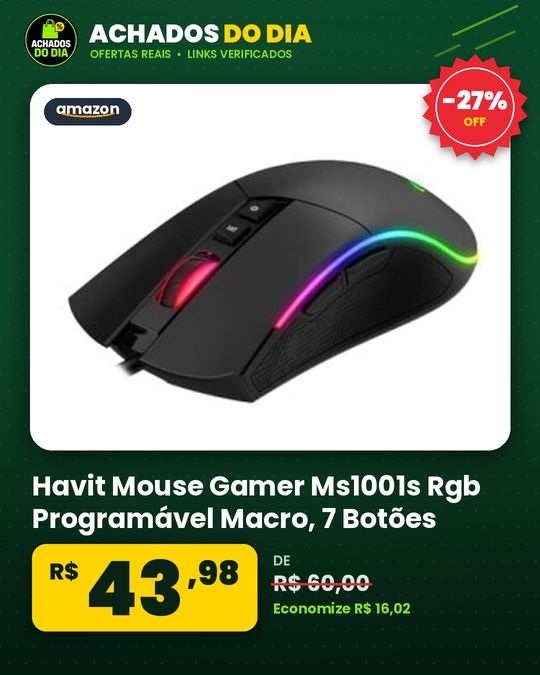 Havit Mouse Gamer Ms1001s Rgb Programável Macro, 7 Botões, 800-1600-2400-3200-4800-8000 Dpi, Usb