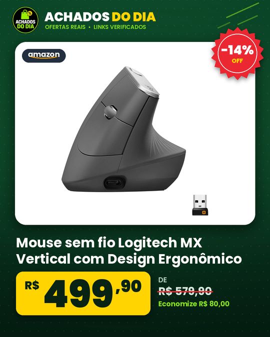 Mouse sem fio Logitech MX Vertical com Design Ergonômico para Redução de Tensão Muscular Conexão USB Unifying ou B