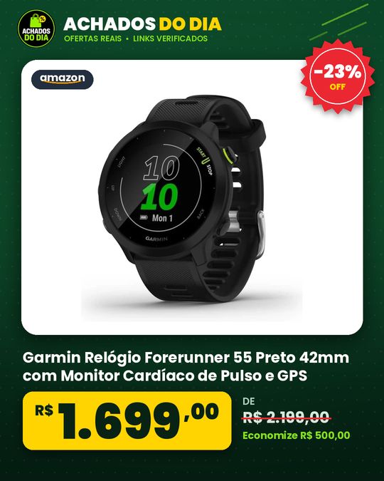 Garmin Relógio Forerunner 55 Preto 42mm com Monitor Cardíaco de Pulso e GPS