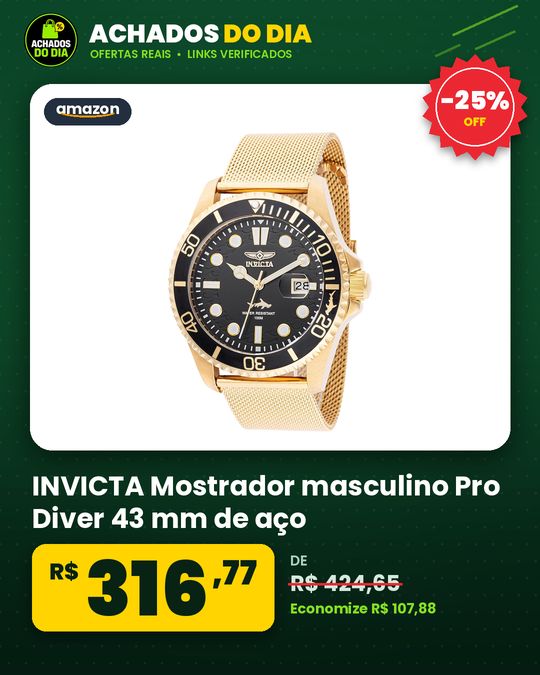 INVICTA Mostrador masculino Pro Diver 43 mm de aço inoxidável dourado e quartzo PC32 Dourado Large Clássico
