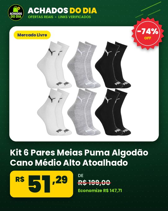 Kit 6 Pares Meias Puma Algodão Cano Médio Alto Atoalhado