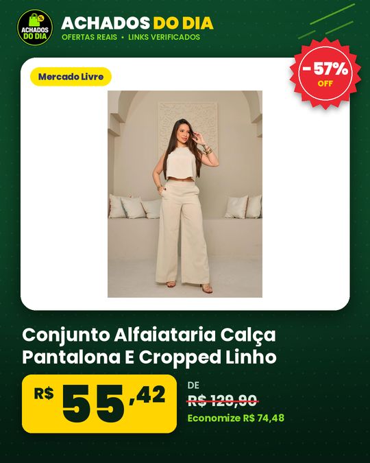 Conjunto Alfaiataria Calça Pantalona E Cropped Linho