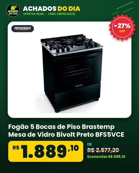 Fogão 5 Bocas de Piso Brastemp Mesa de Vidro Bivolt Preto BFS5VCE