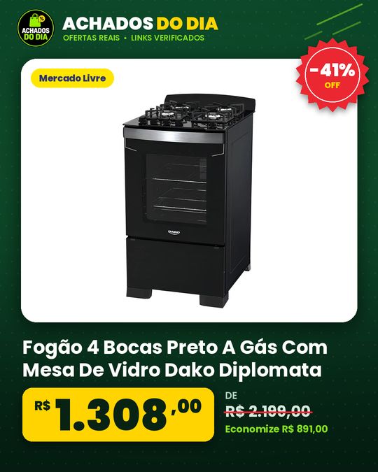 Fogão 4 Bocas Preto A Gás Com Mesa De Vidro Dako Diplomata