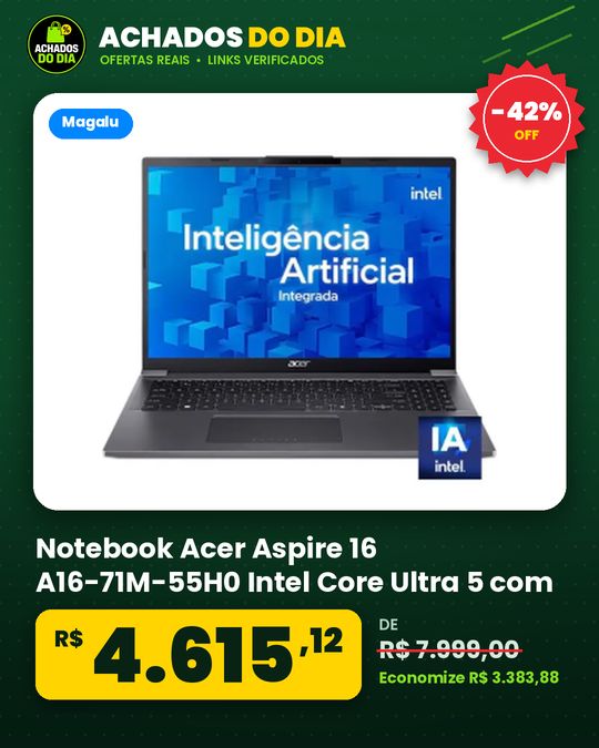 Notebook Acer Aspire 16 A16-71M-55H0 Intel Core Ultra 5 com IA Integrada 115U 16GB RAM 512GB SSD 16" Windows 11