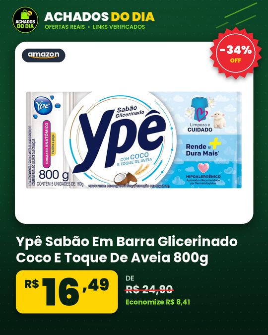 Ypê Sabão Em Barra Glicerinado Coco E Toque De Aveia 800g - 5 Unidades De 160g