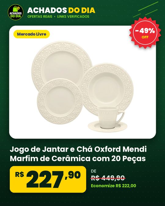 Jogo de Jantar e Chá Oxford Mendi Marfim de Cerâmica com 20 Peças