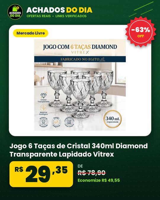 Jogo 6 Taças de Cristal 340ml Diamond Transparente Lapidado Vitrex