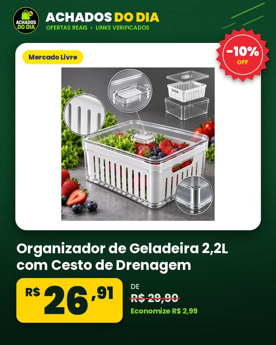 Organizador de Geladeira 2,2L com Cesto de Drenagem Plástico Livre de BPA Tampa com Trava Pote de Acrílico
