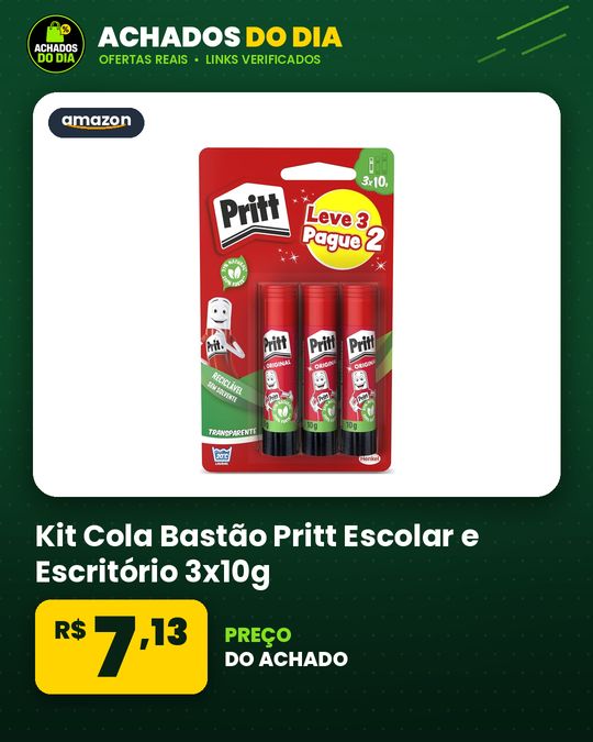 Kit Cola Bastão Pritt Escolar e Escritório 3x10g